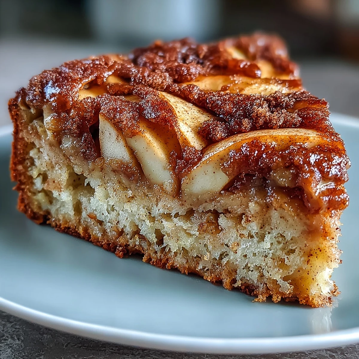 Golden baked apple cake, a Dutch-inspired breakfast treat, rests on a wooden board with a glass of milk nearby.
