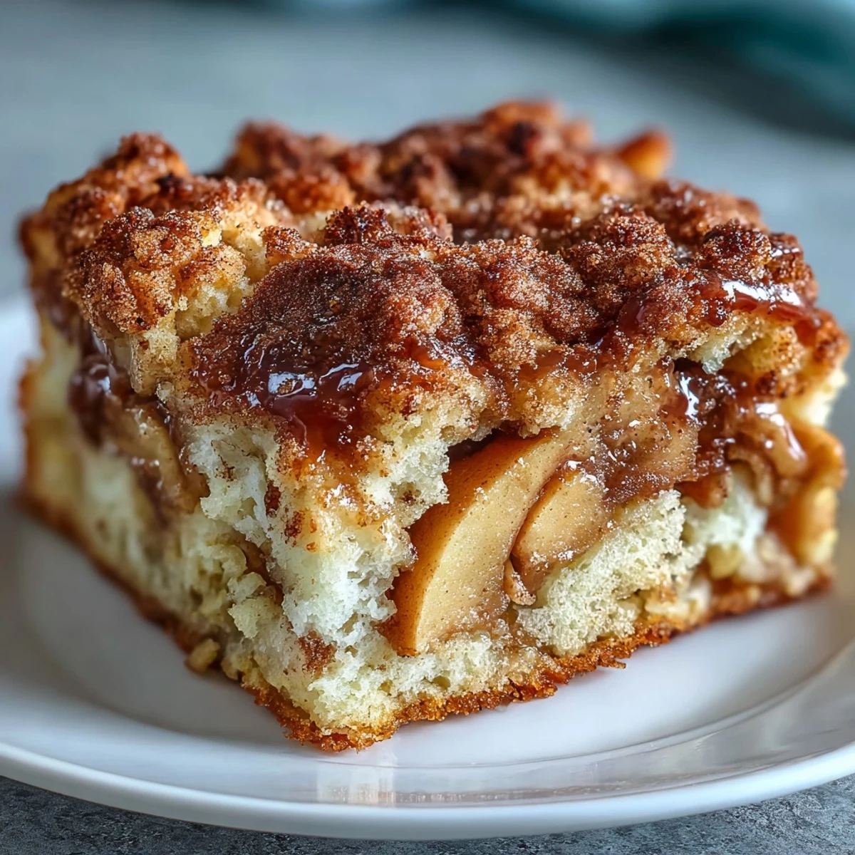 A freshly baked apple cake showcases soft, spiced apple slices baked into a moist, golden-brown dessert in a casserole dish.