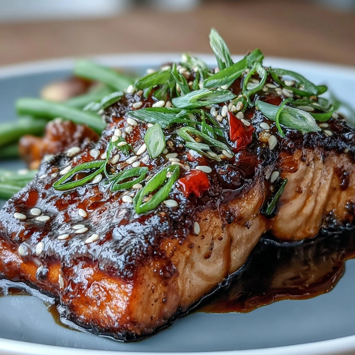 Golden maple soy glazed salmon filets sit atop jasmine rice with crisp vegetables.  