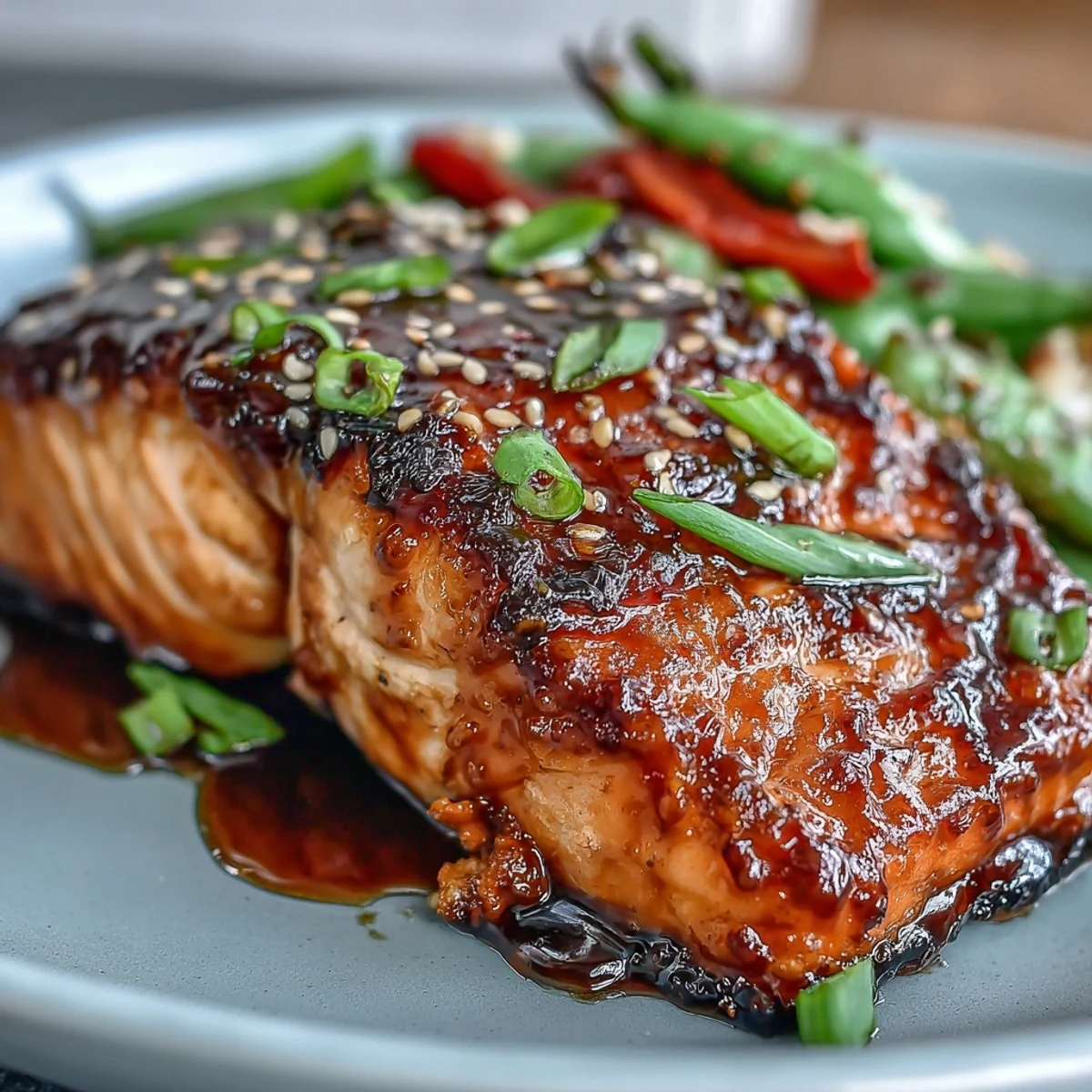Glossy maple soy salmon paired with colorful vegetables and steamed rice for a weeknight meal.