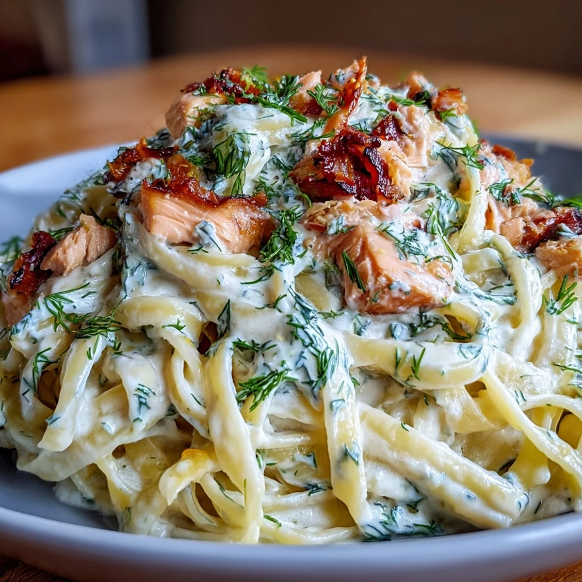 Creamy Salmon Pasta twirls silky hot-smoked salmon in a lemony cream sauce with fresh dill, served steaming in a shallow bowl.