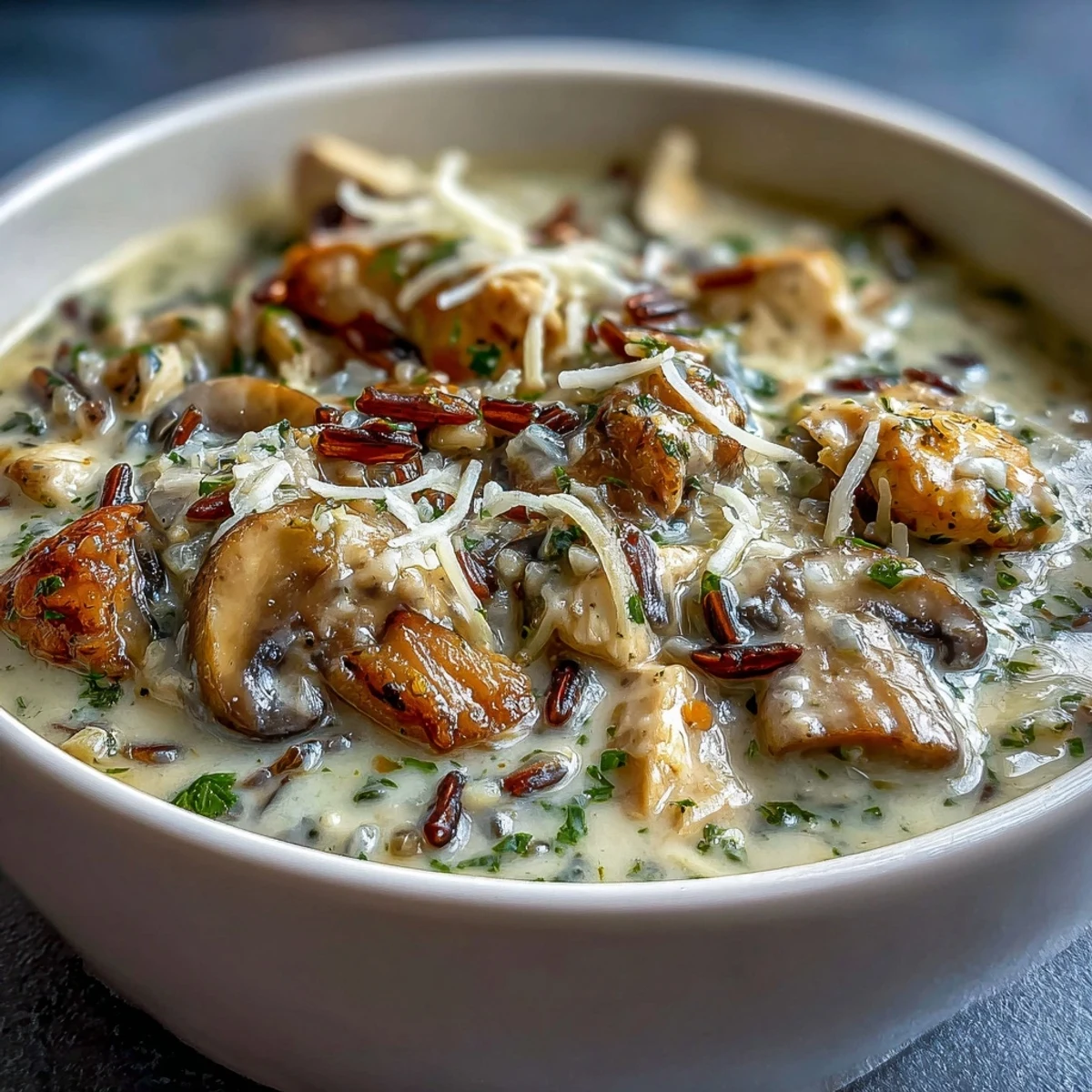 Steaming bowls of Parmesan Mushroom Chicken and Wild Rice Soup showcase tender chicken, earthy mushrooms, and nutty wild rice in a creamy broth.