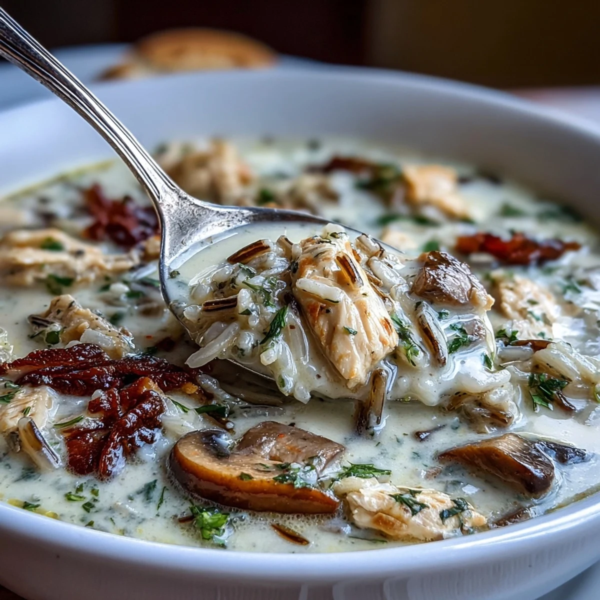 Hearty, gluten-free friendly Parmesan Mushroom Chicken and Wild Rice Soup served with crusty bread on a cozy wooden table.