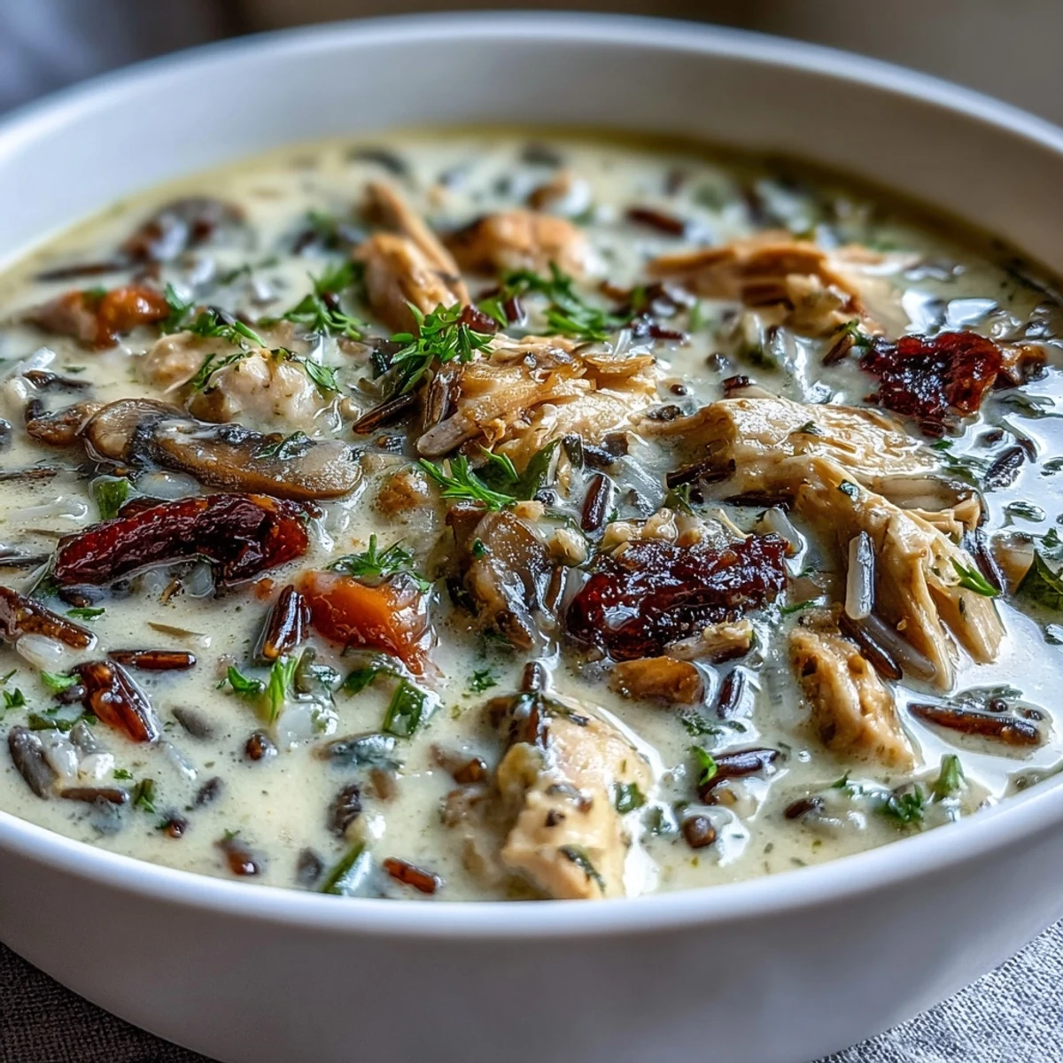 Creamy Parmesan Mushroom Chicken and Wild Rice Soup ladled into rustic bowls, topped with fresh parsley and extra grated Parmesan cheese.