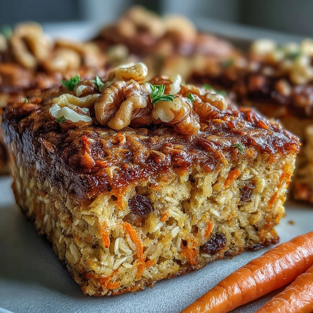 Slices of wholesome Carrot Cake Baked Oatmeal served warm in a bowl, topped with walnuts and a spoonful of yogurt.