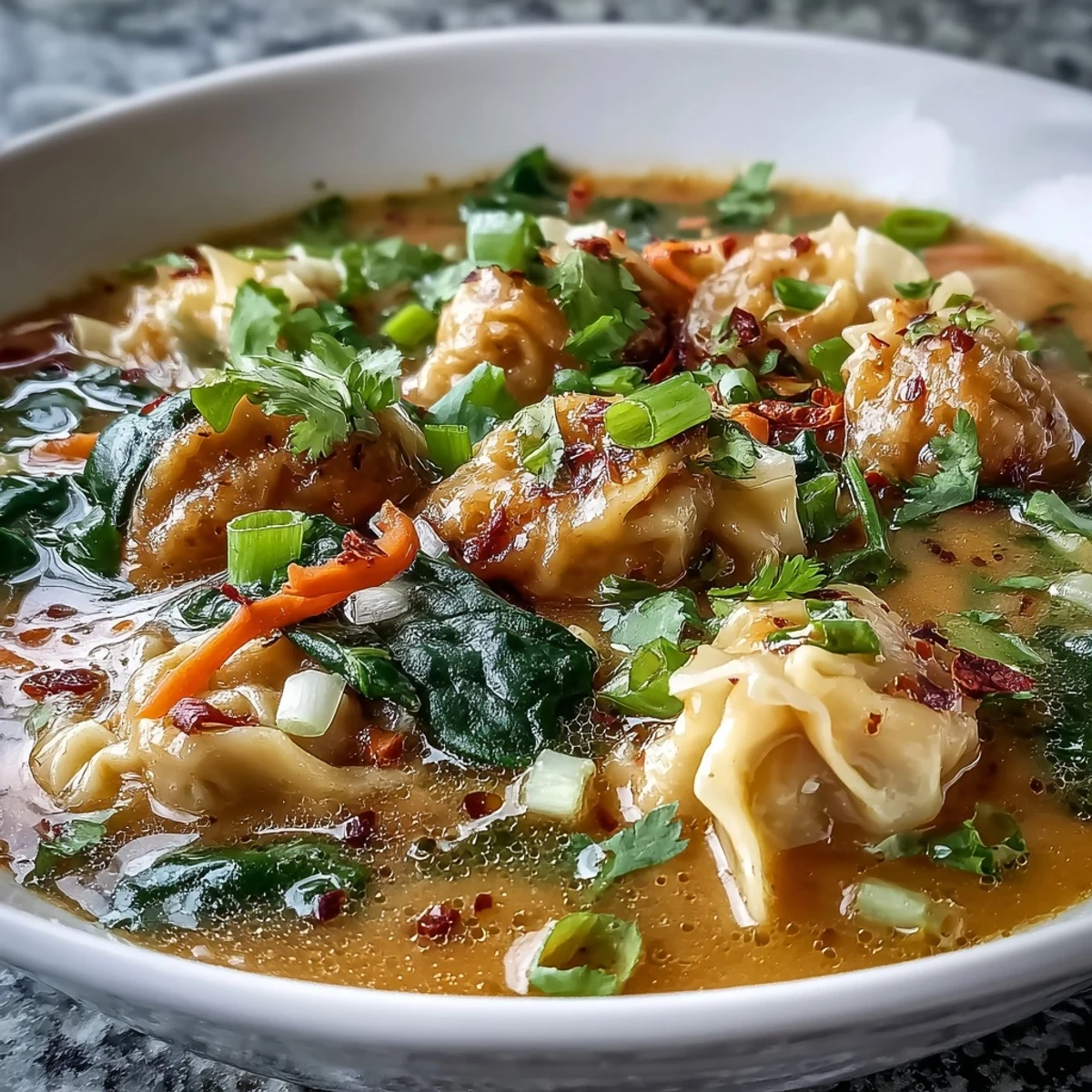 A close-up of Red Curry Wonton Soup With Greens and carrots, showing tender dumplings and coconut broth.