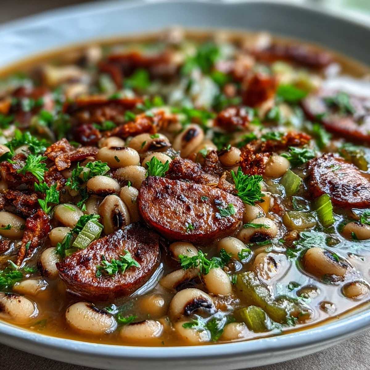 A comforting bowl of Southern-Style Black-Eyed Peas, simmered with smoky sausage, bacon, and aromatic Creole spices until tender.  