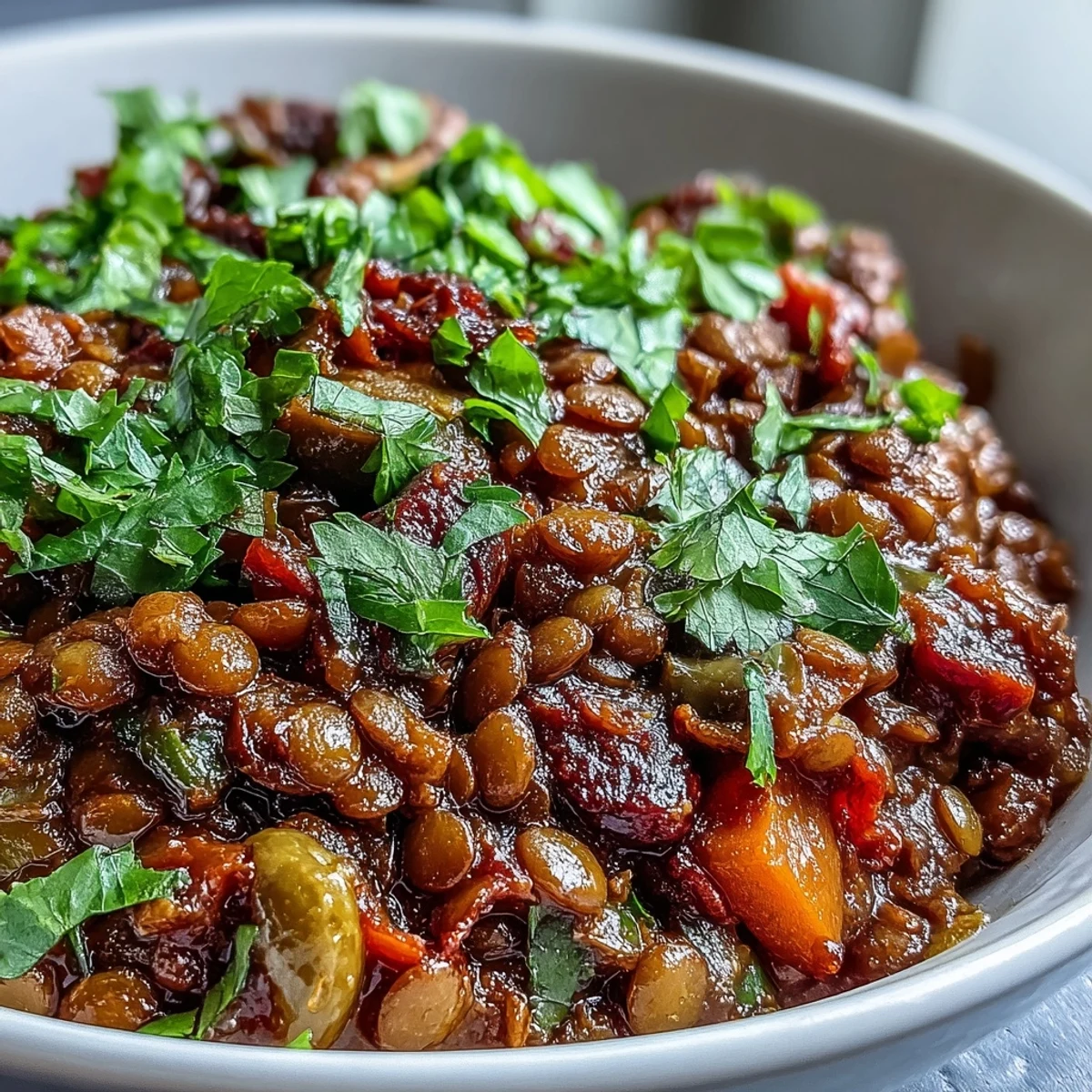 A warm bowl of Cuban-Inspired Lentil Picadillo, garnished with fresh cilantro and ready to serve with rice.