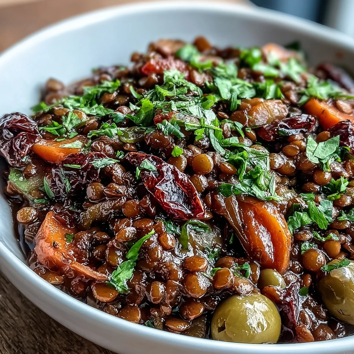 Colorful Cuban-Inspired Lentil Picadillo simmered in a skillet, blending sweet raisins with briny olives for a hearty meal.