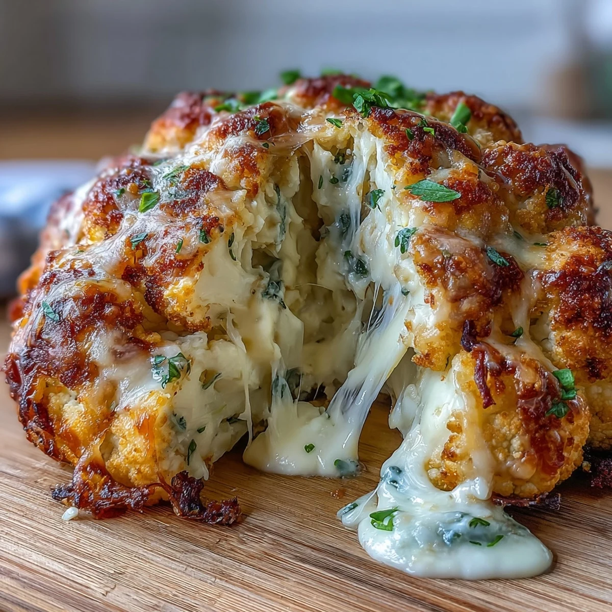A whole roasted Cheesy Stuffed Cauliflower Head, golden brown and bubbling with molten cheddar topping.