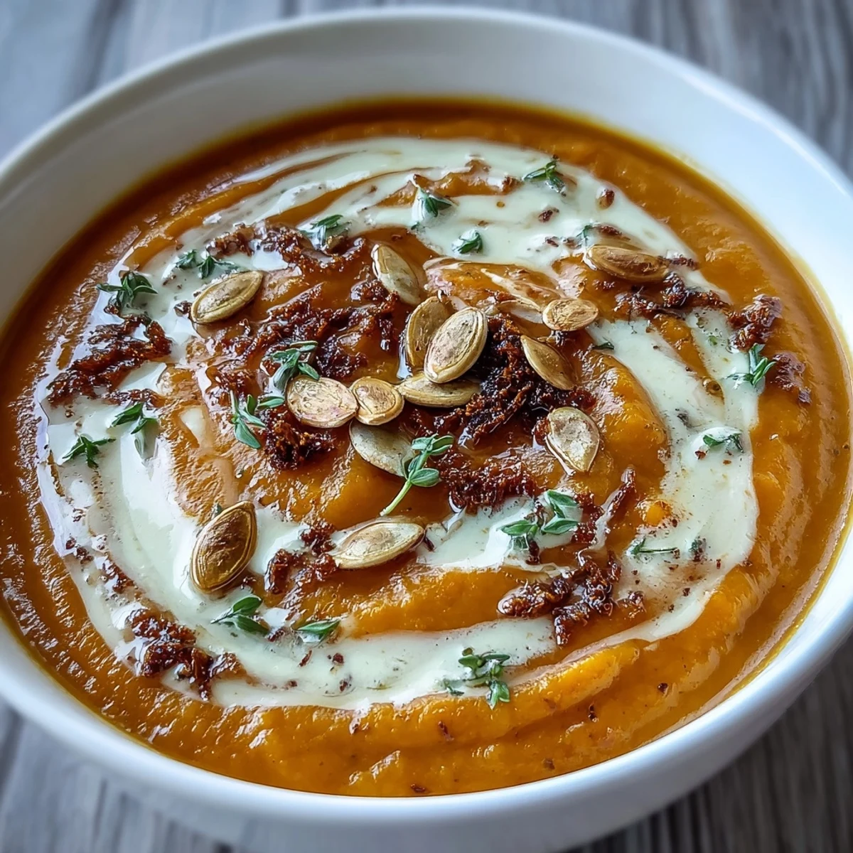 A bowl of creamy Easy Roasted Butternut Squash Soup garnished with toasted pumpkin seeds and a drizzle of heavy cream.  