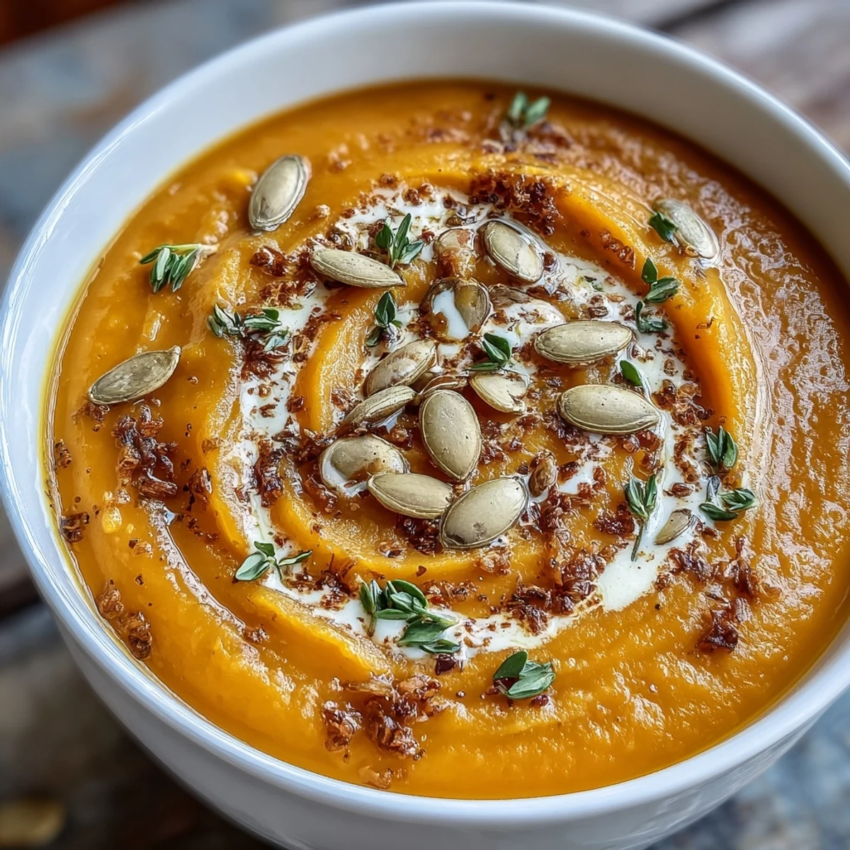 Vibrant orange Easy Roasted Butternut Squash Soup blended smooth, with caramelized squash cubes and a sprinkle of nutmeg.