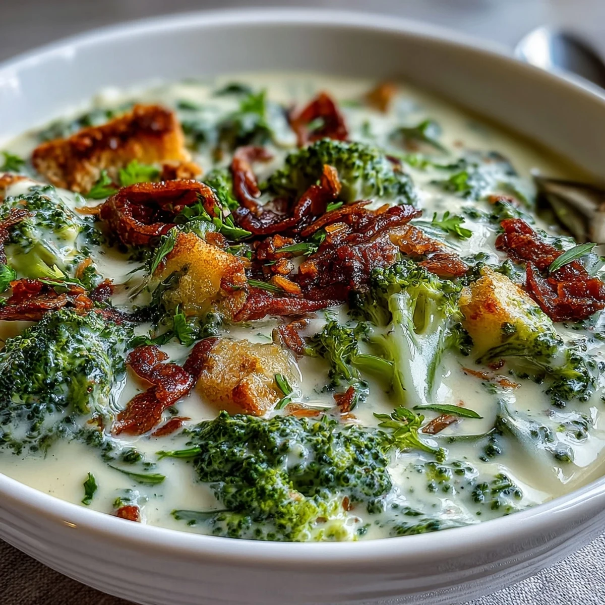 Homemade Broccoli Cheddar Soup paired with crusty bread for dipping, perfect for a cozy dinner.