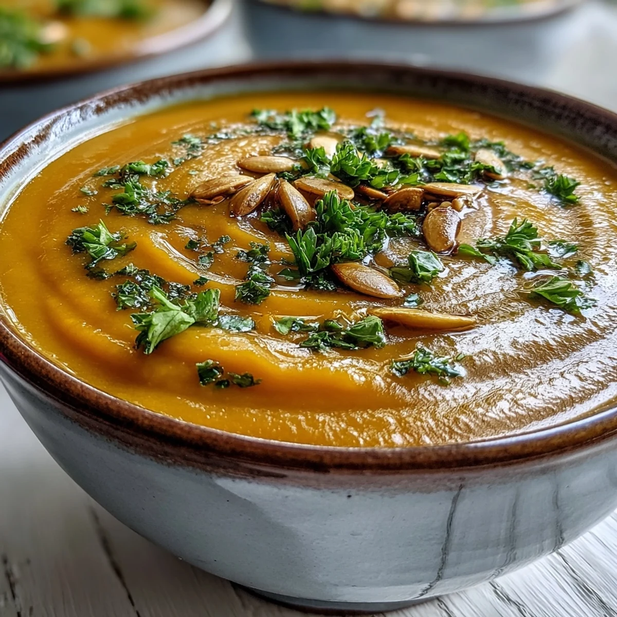 Velvety blended roasted broccoli and butternut squash soup served warm with crusty bread.  