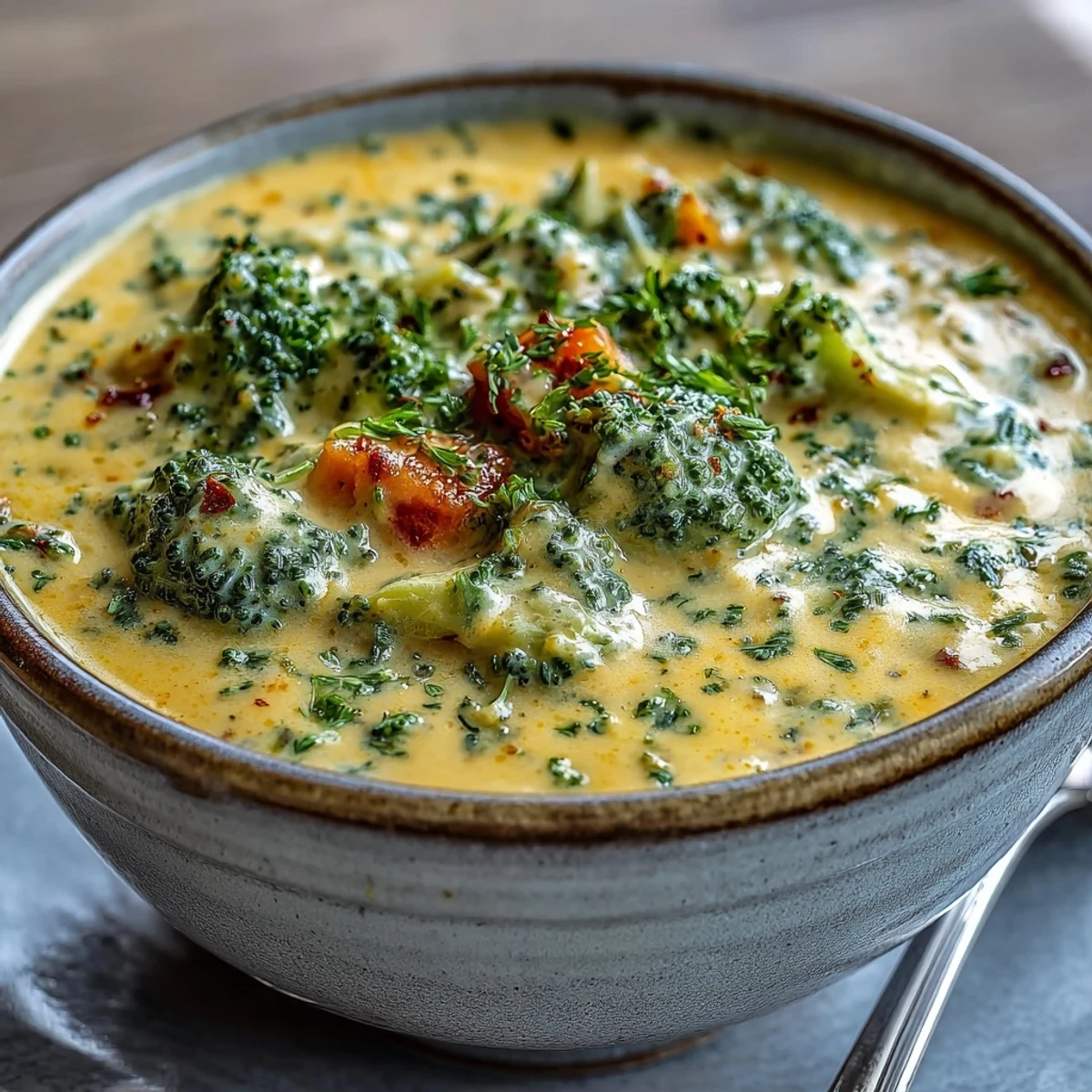 Golden-brown roasted broccoli florets and tender carrots simmer in a creamy, cheesy soup, served hot in a rustic bowl.