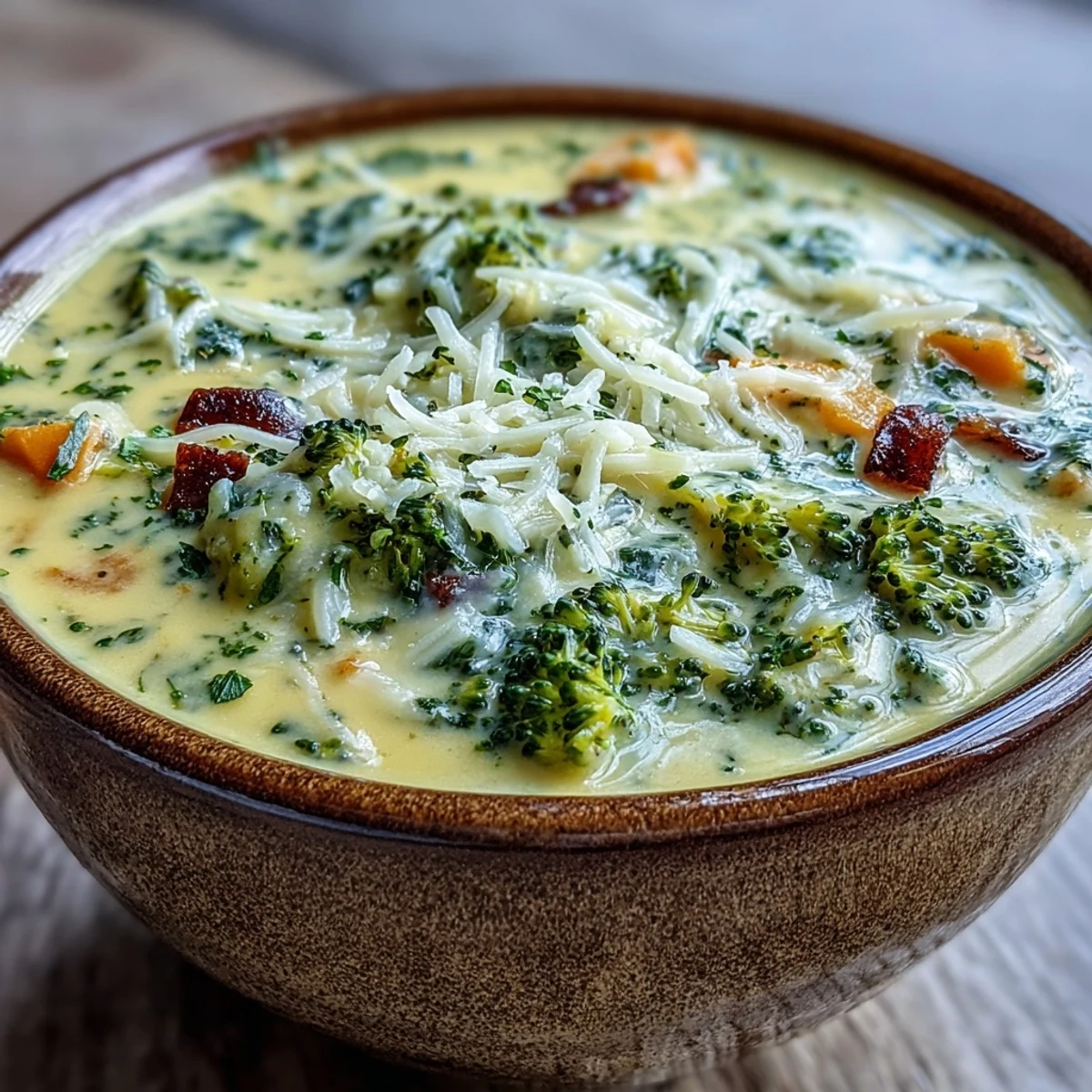 Vibrant green broccoli and shredded cheddar garnish this comforting Roasted Broccoli Cheddar Soup, paired with a side of crusty artisan bread.
