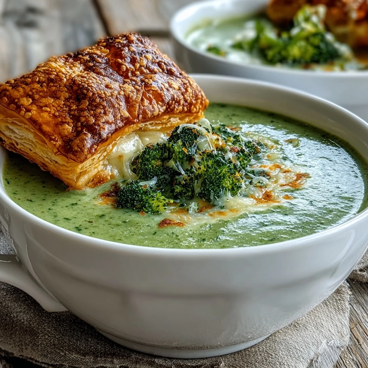 A rustic wooden table displays Creamy Broccoli and Butternut Squash Soup With Pastries, with a partially dipped, golden-brown pastry melting into the velvety soup.