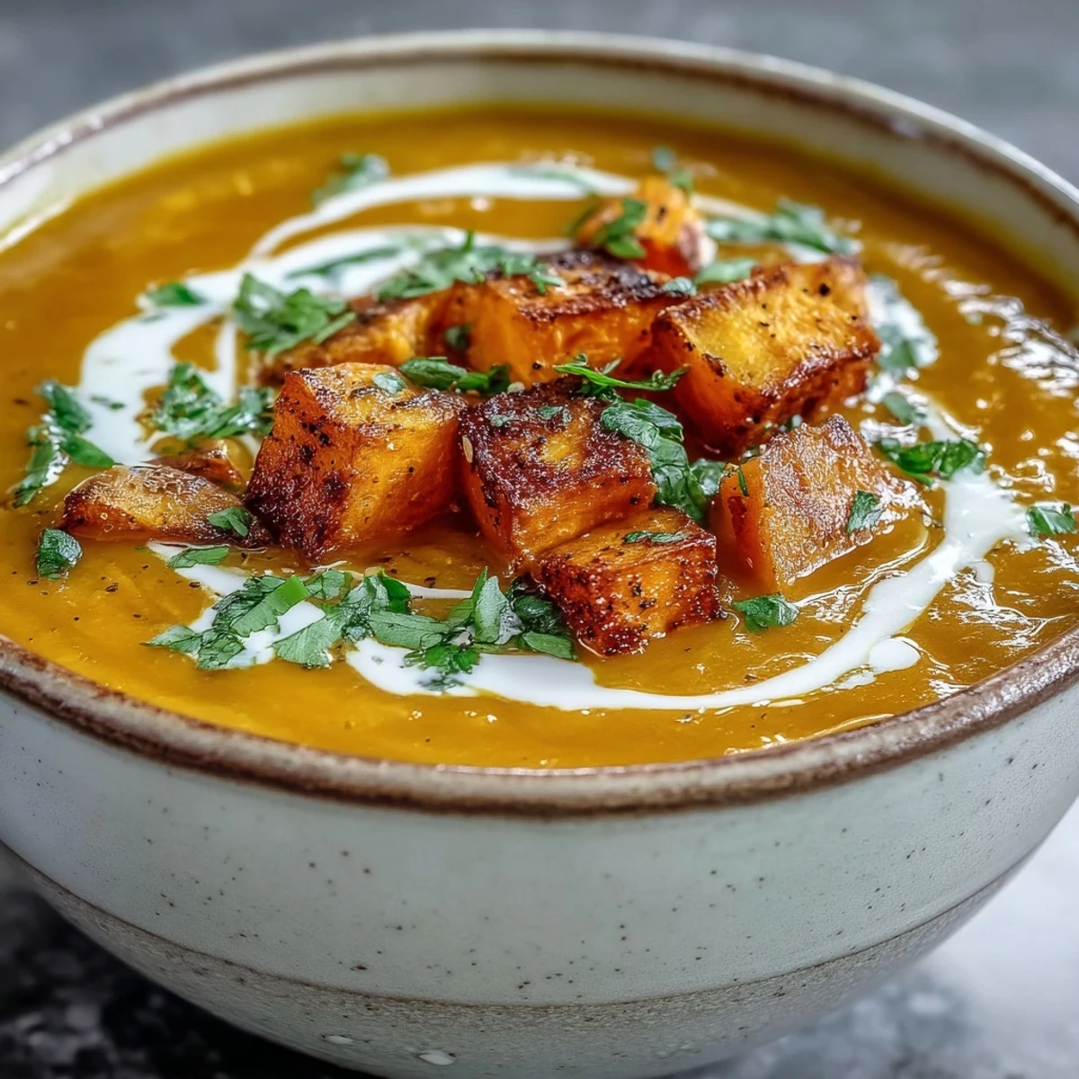 Velvety butternut squash and lentil soup in a rustic bowl, garnished with cilantro and a coconut cream swirl.  