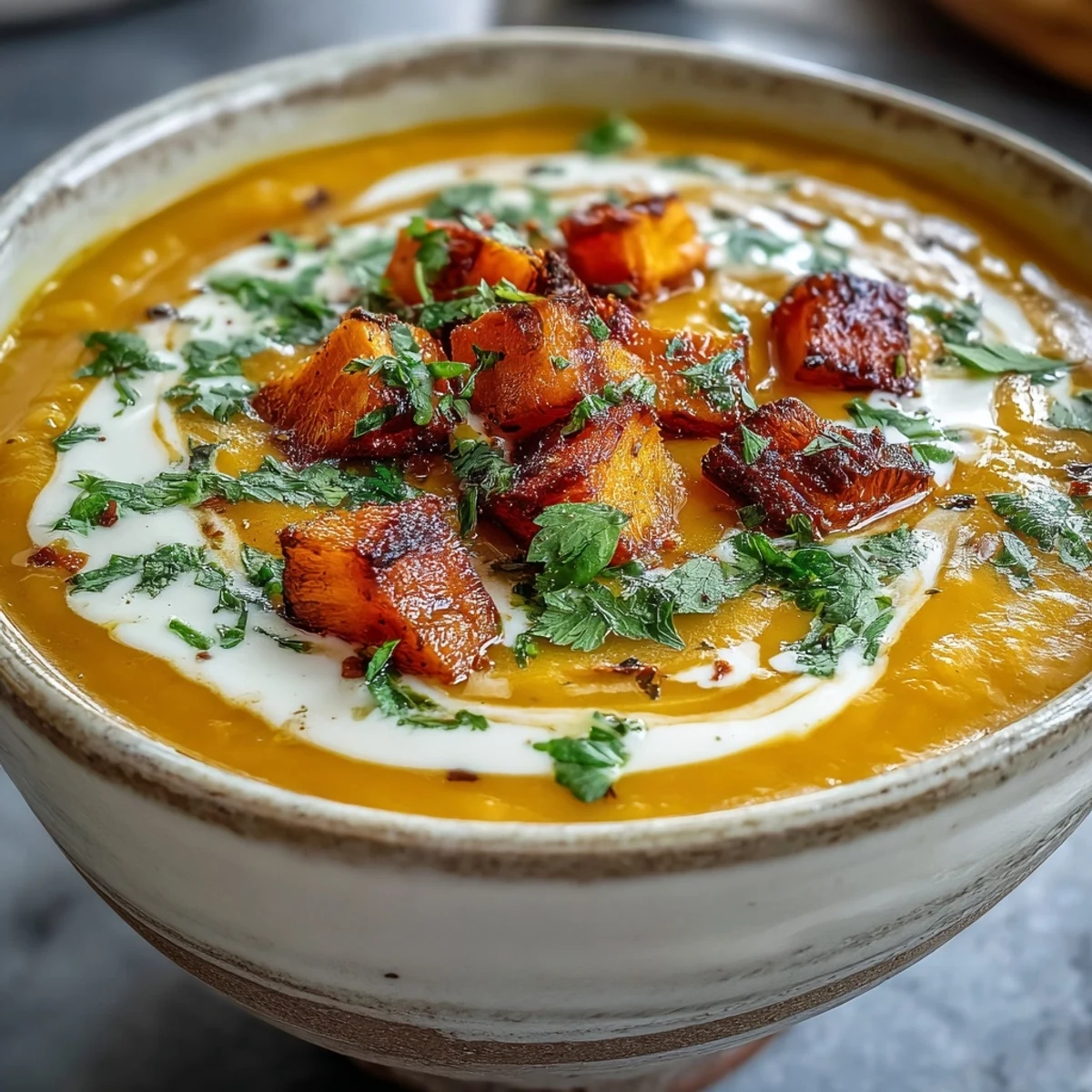 Homemade butternut squash and lentil soup served steaming hot, perfect for a chilly autumn dinner.