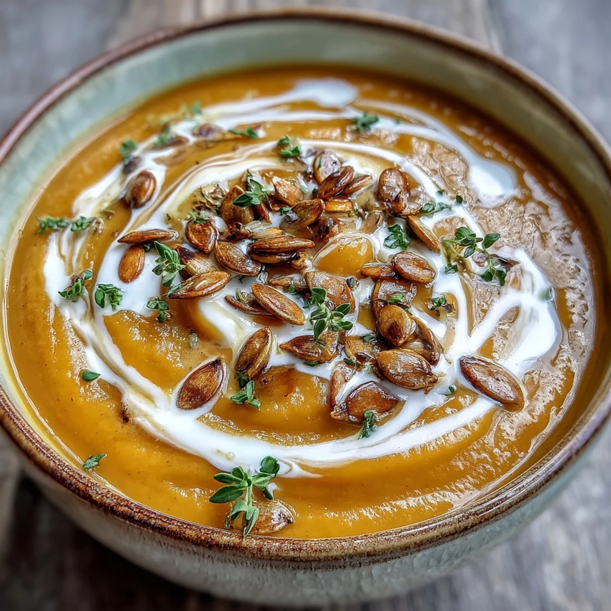 A warm bowl of autumn butternut squash and apple soup, blended smooth and served alongside crusty artisan bread.  