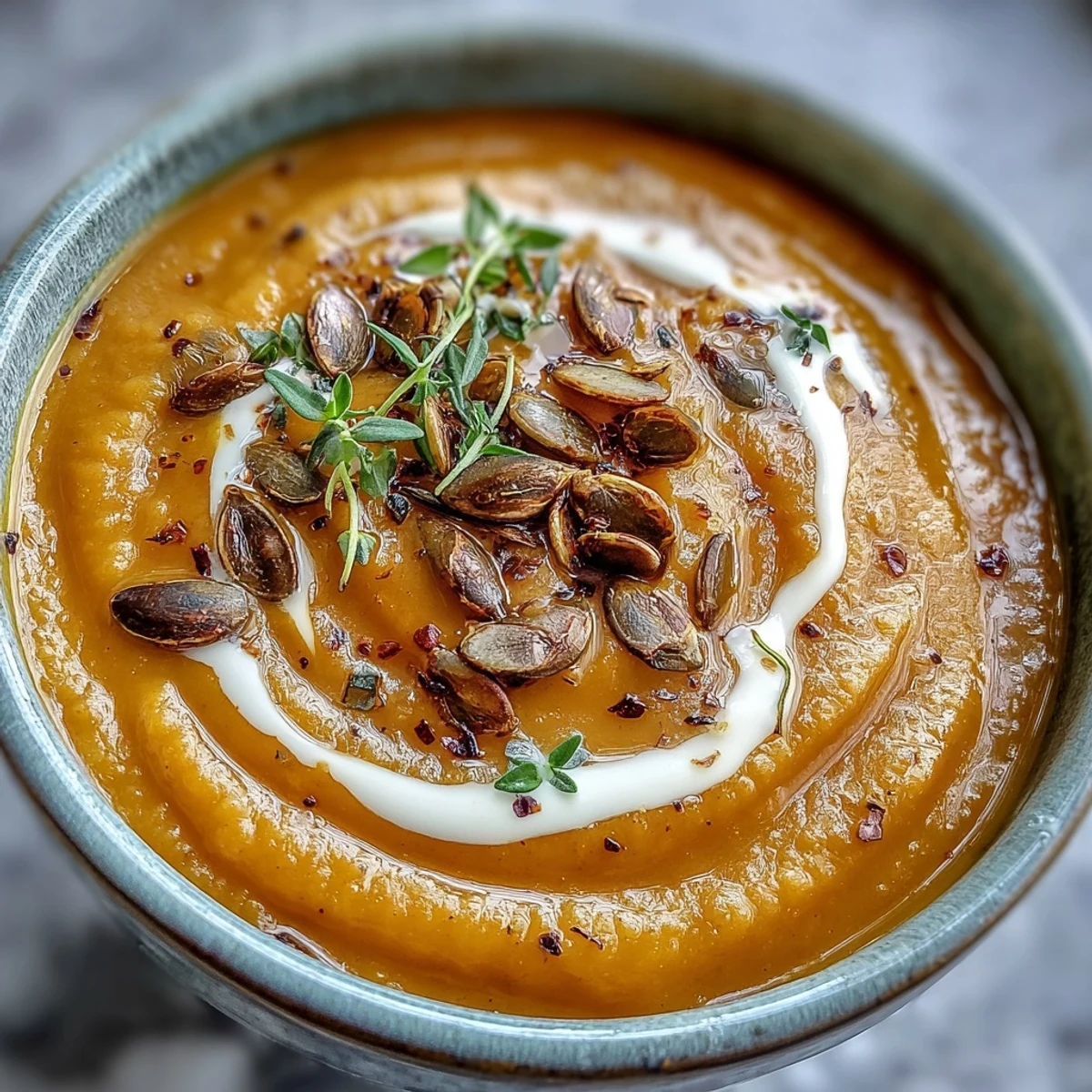 Creamy butternut squash and apple soup swirls with a rich, velvety texture, garnished with fresh thyme and a drizzle of cream.  