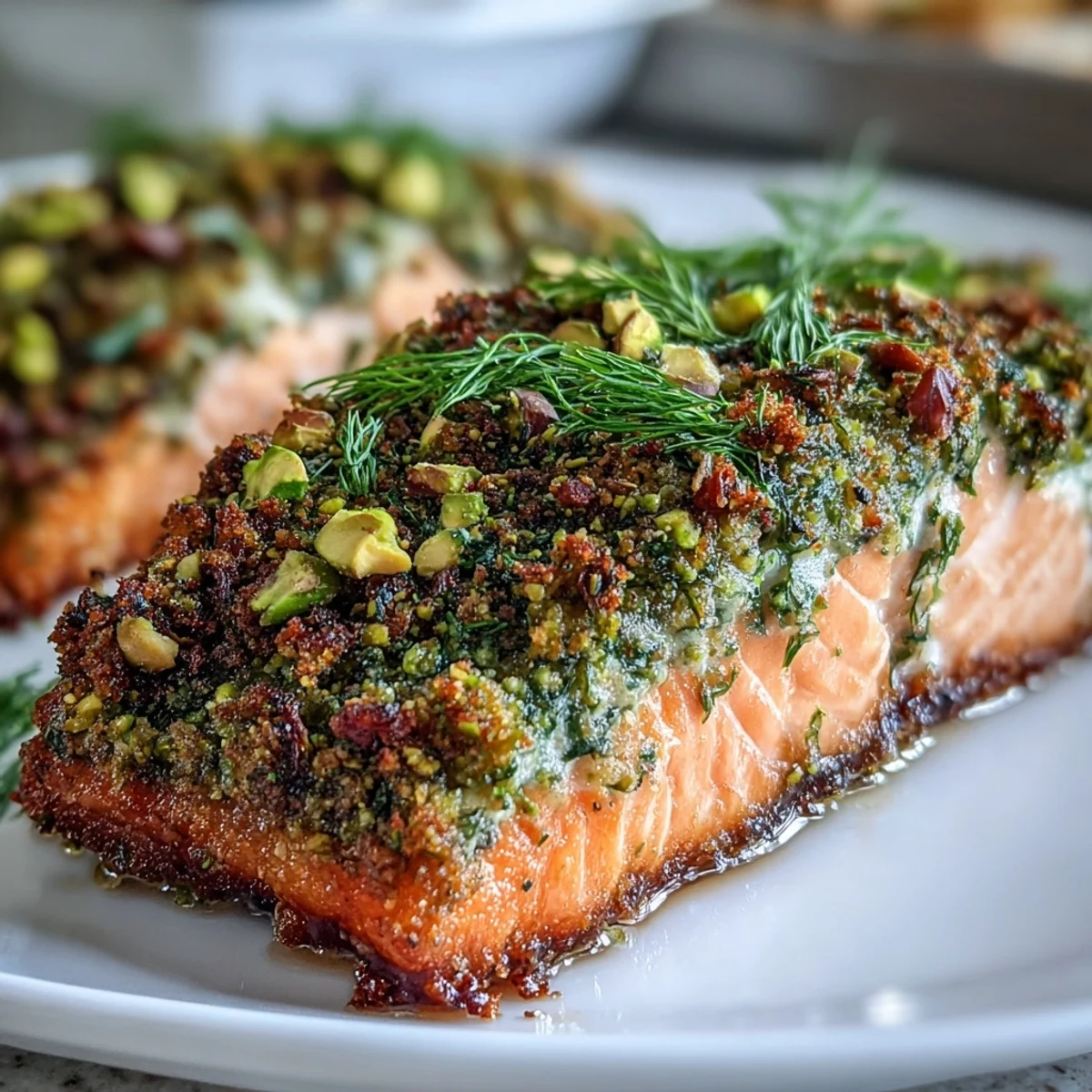 Tender salmon topped with a fragrant pistachio and herb crust, pan-seared until golden and flaky, perfect for a healthy dinner.