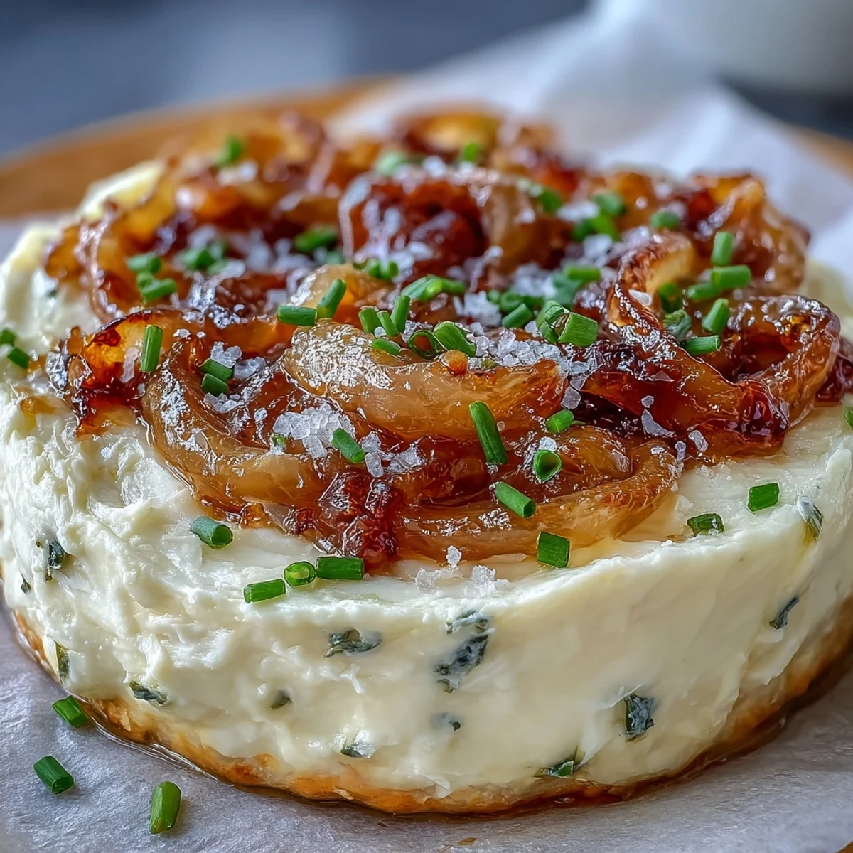 Smooth butter blended with sweet caramelized onions, sprinkled with flaky sea salt and herbs, served with crackers and fresh baguette for a delightful spread.