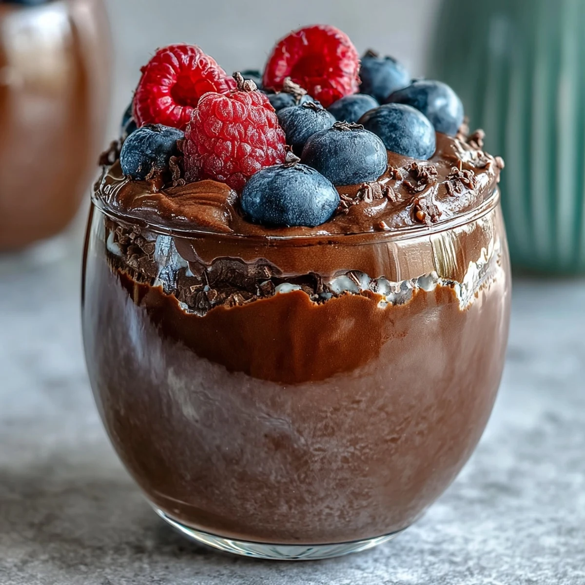 Silky cottage cheese chocolate mousse topped with vibrant fresh berries for a healthy dessert.