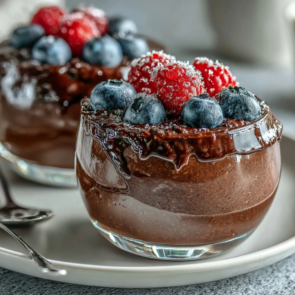 Decadent chocolate mousse made with cottage cheese, served with a colorful mix of berries.