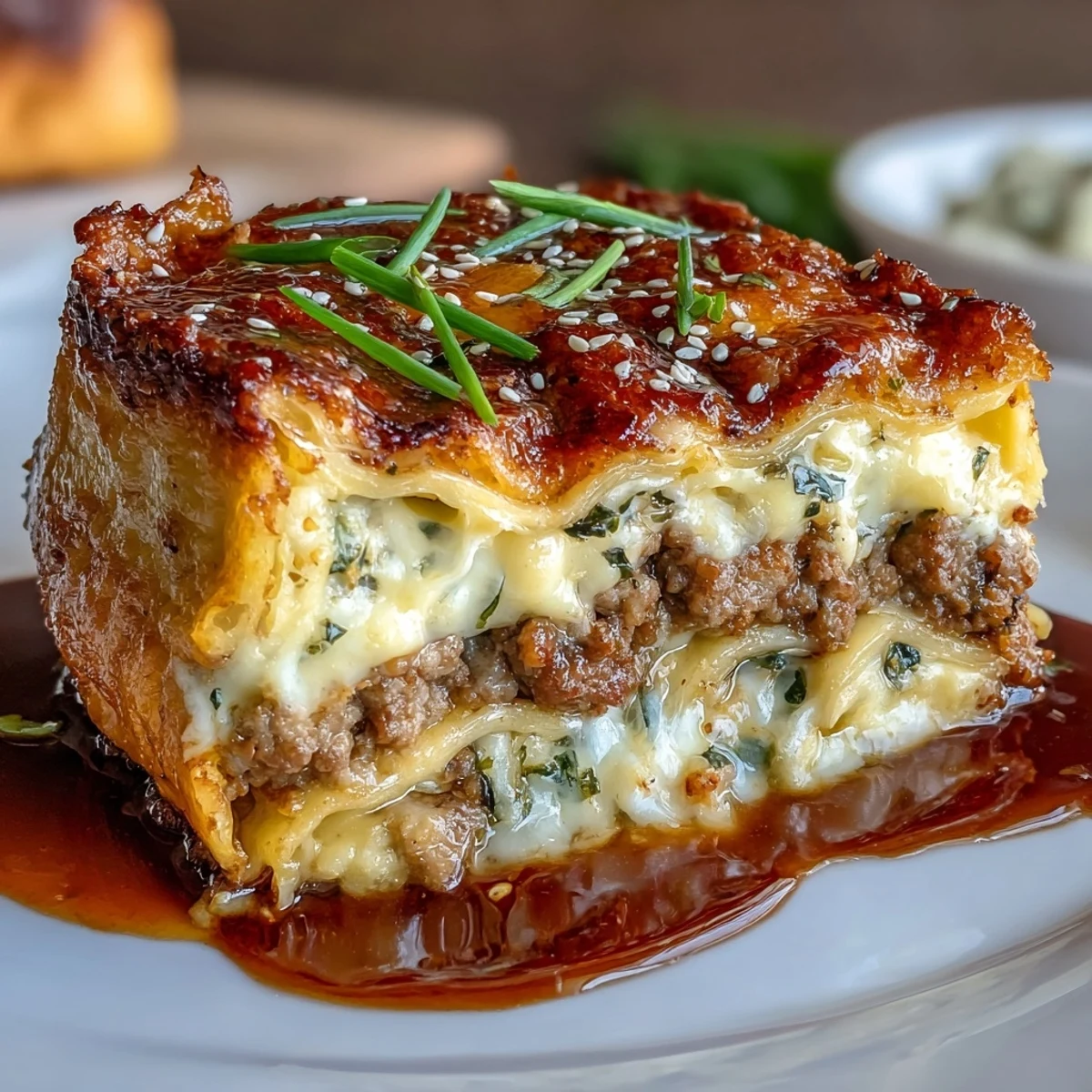 Asian Dumpling Lasagna with Soy Ginger Sauce, featuring tender dumpling layers, savory ground meat, and melted cheese baked to golden perfection.