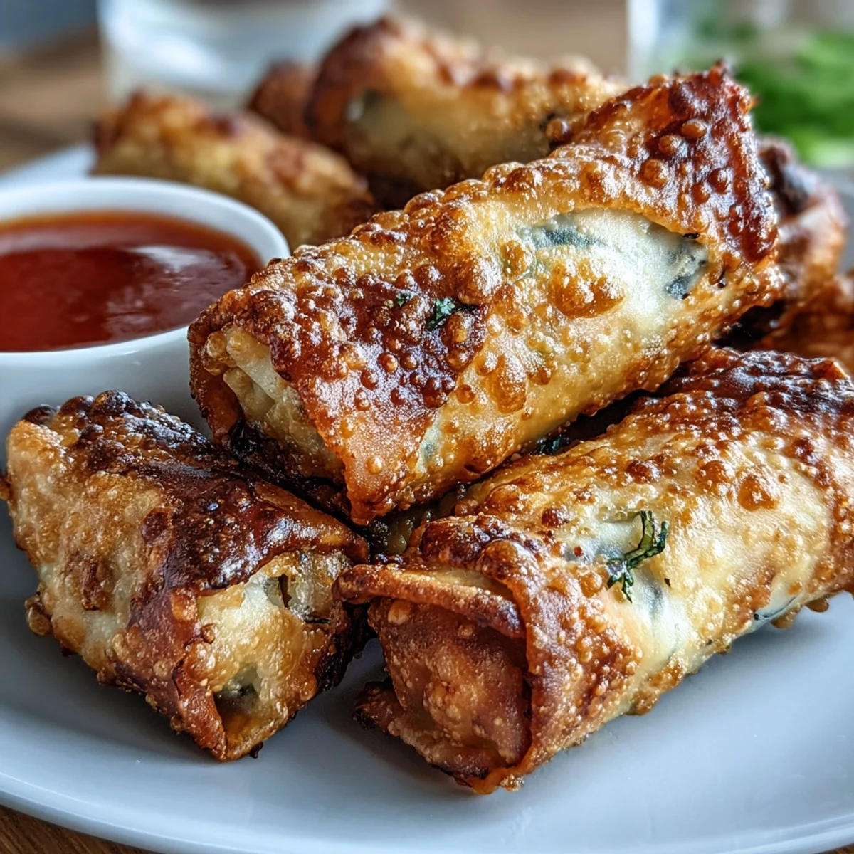 Golden spring rolls bursting with crisp vegetables, air-fried to perfection and served with a vibrant sweet chili dipping sauce.