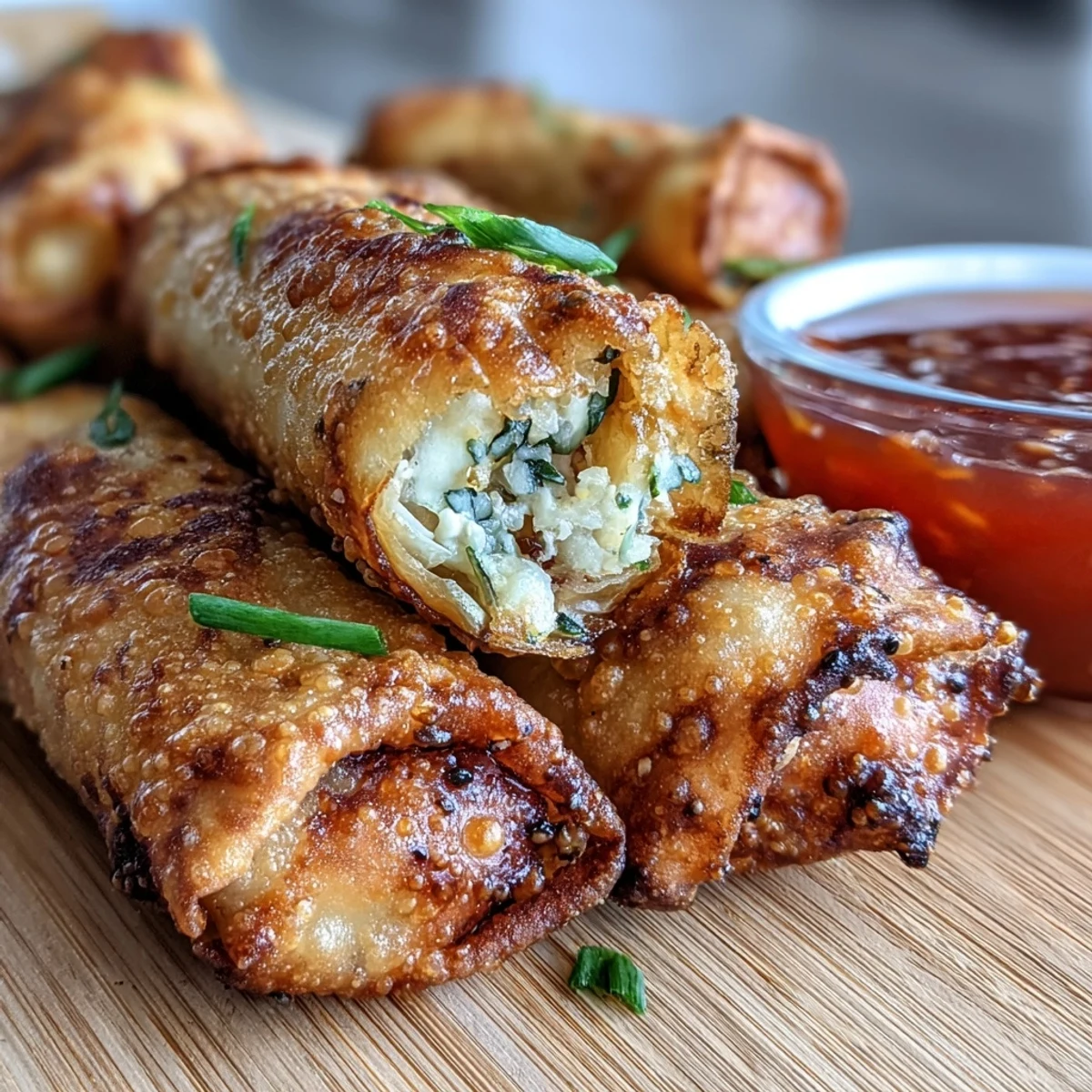 A close-up view of golden-brown air-fried spring rolls, highlighting their crispy texture.