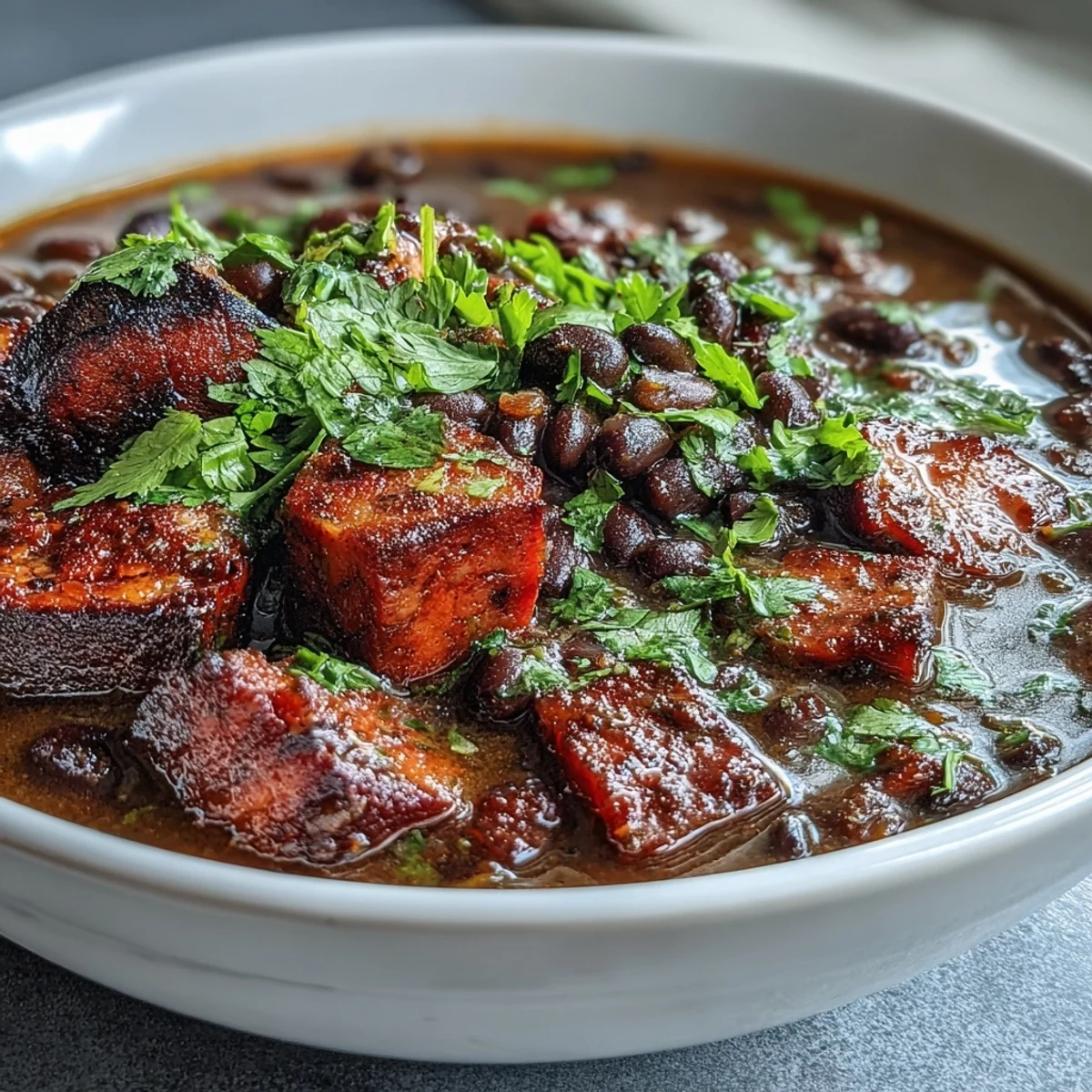 Hearty black bean soup with tender chunks of ham, diced vegetables, and a zesty lime-cilantro finish in a rustic bowl.  