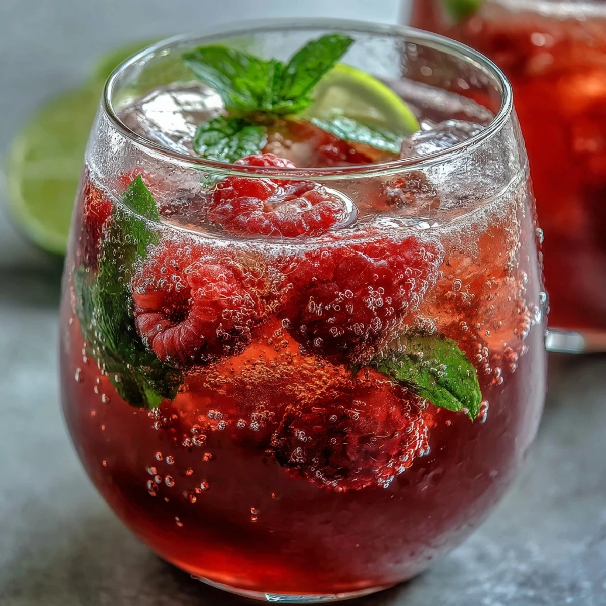 Vibrant raspberry lime spritz mocktail featuring muddled berries, lime slices, and mint garnish in chilled glasses.