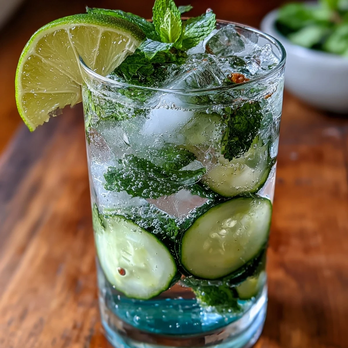 A vibrant pitcher of Cucumber Mint Sparkling Water Refresher, featuring muddled cucumber and mint with a splash of lime, perfect for hydrating on hot days.