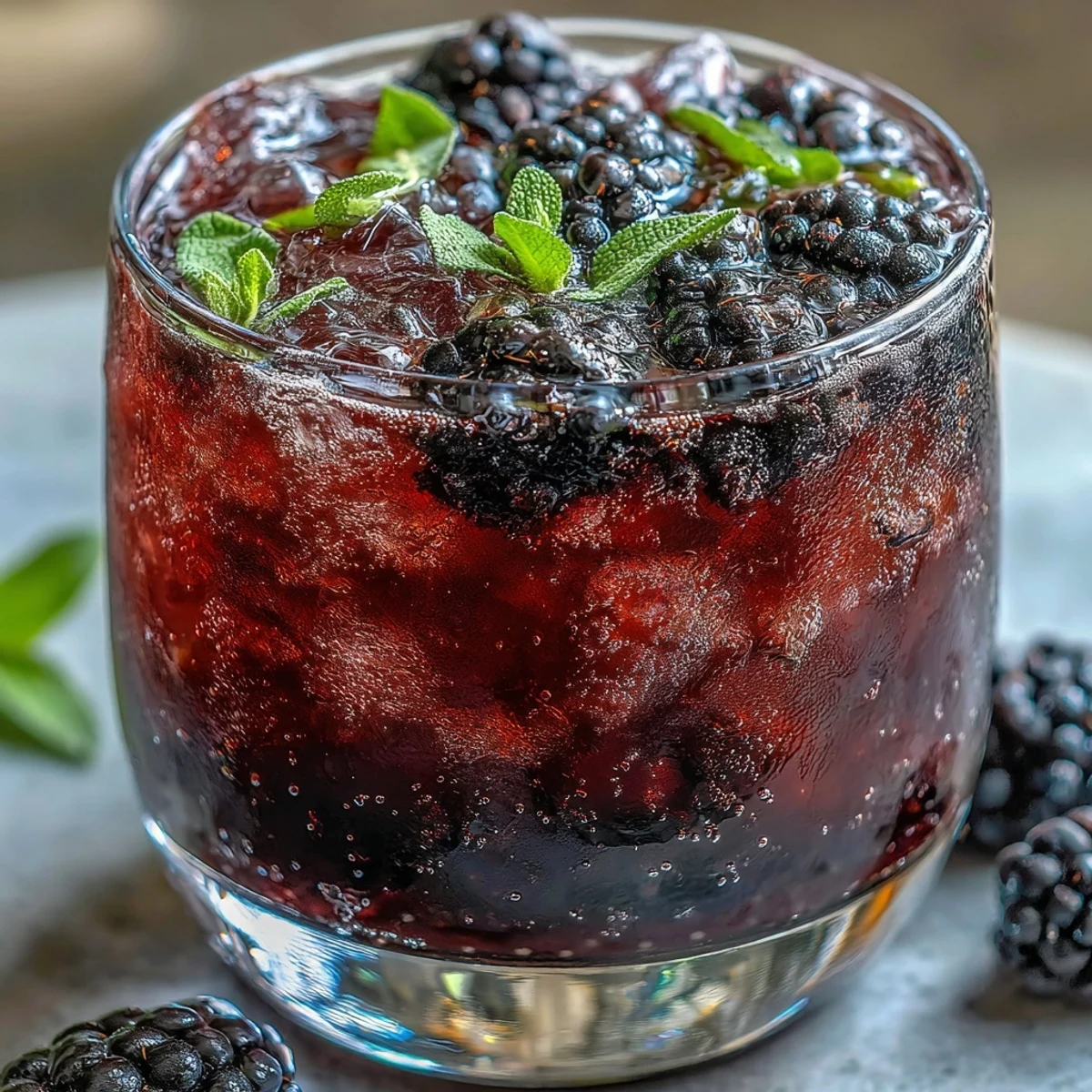 Cool summer mocktail featuring muddled blackberries, sage, and lemon over sparkling water and crushed ice.