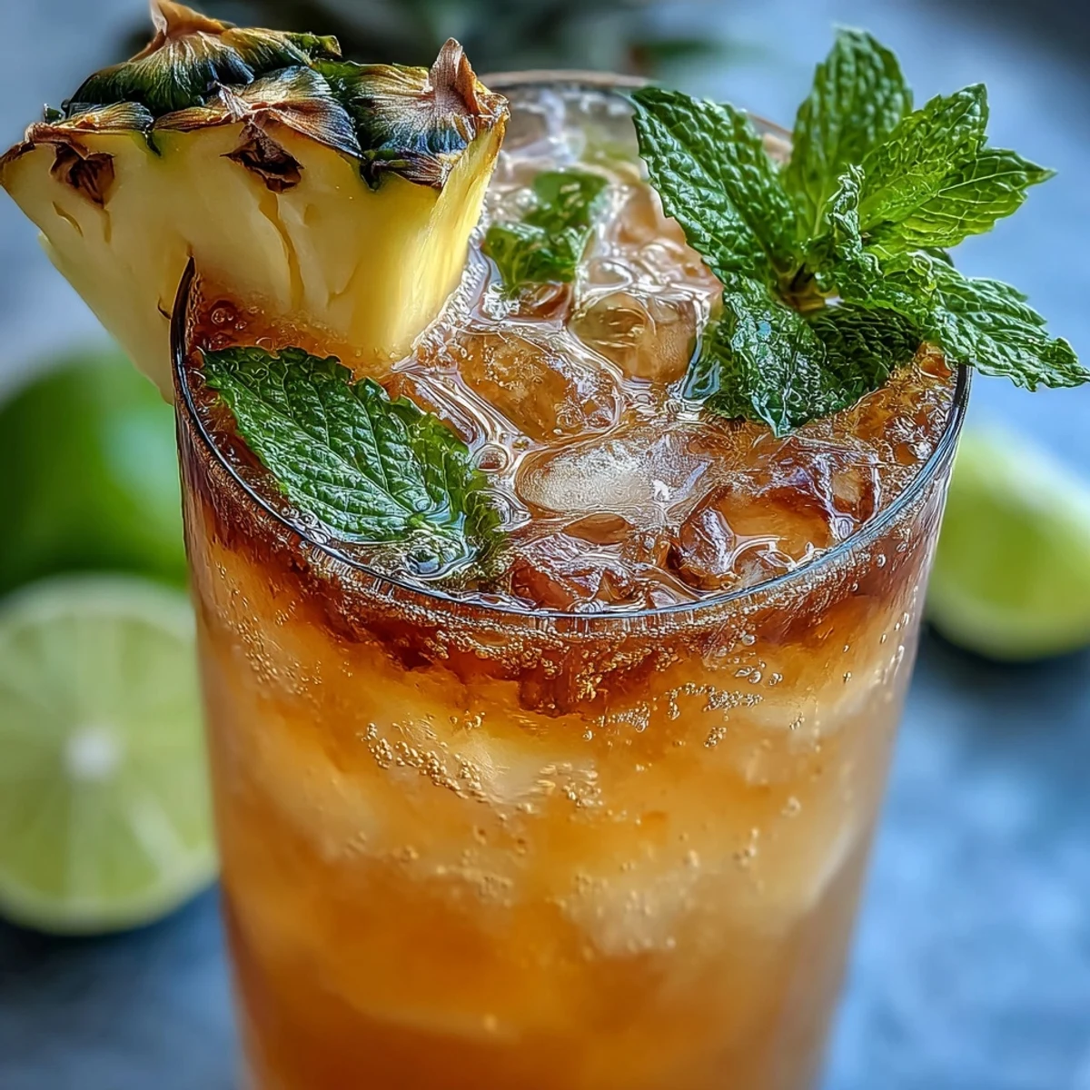 Sparkling pineapple ginger drink with zesty lime and ginger, garnished with fresh mint leaves in clear glasses with ice.