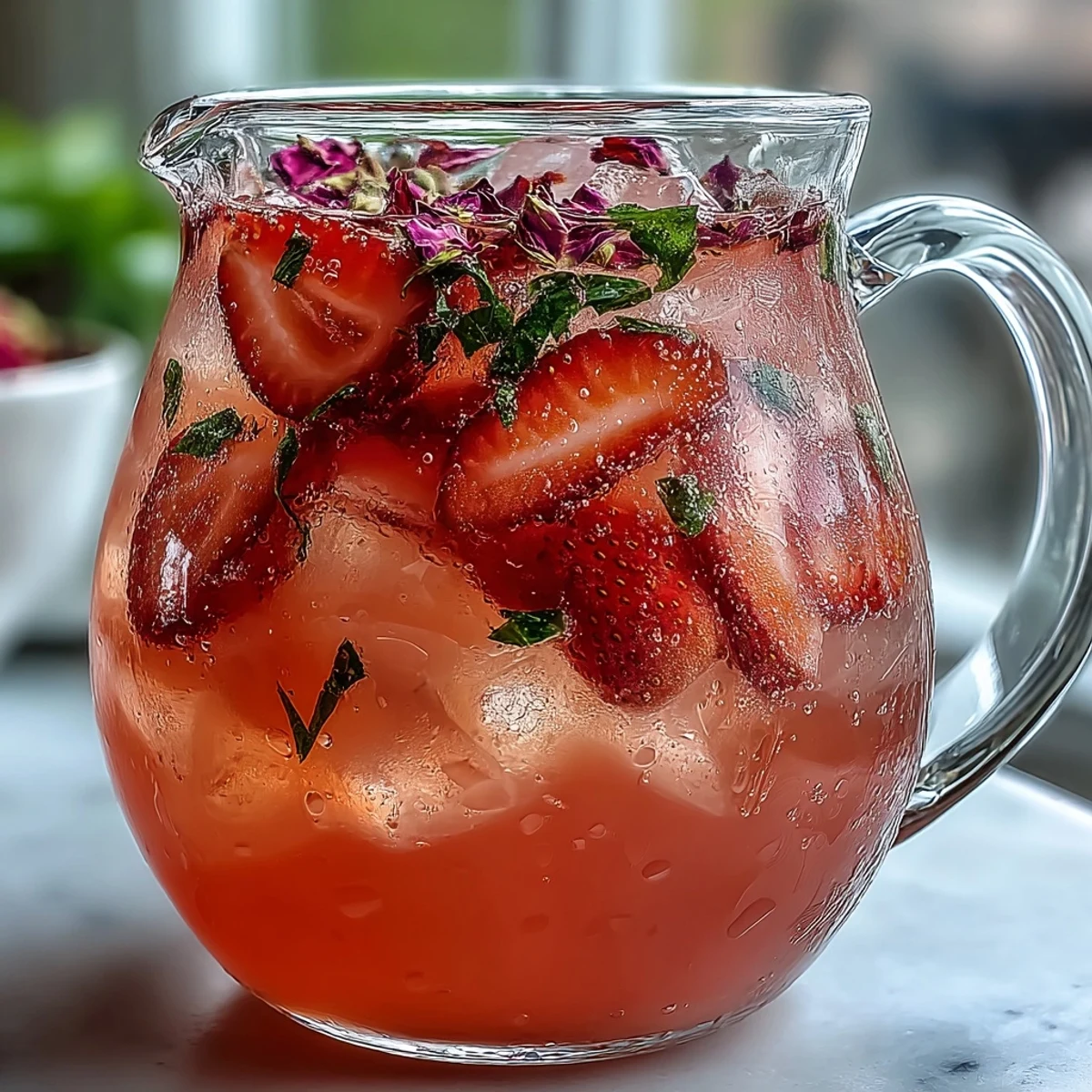 This floral strawberry lemonade features muddled berries, bright citrus, and delicate rose water—perfect for a sunny afternoon garden party.