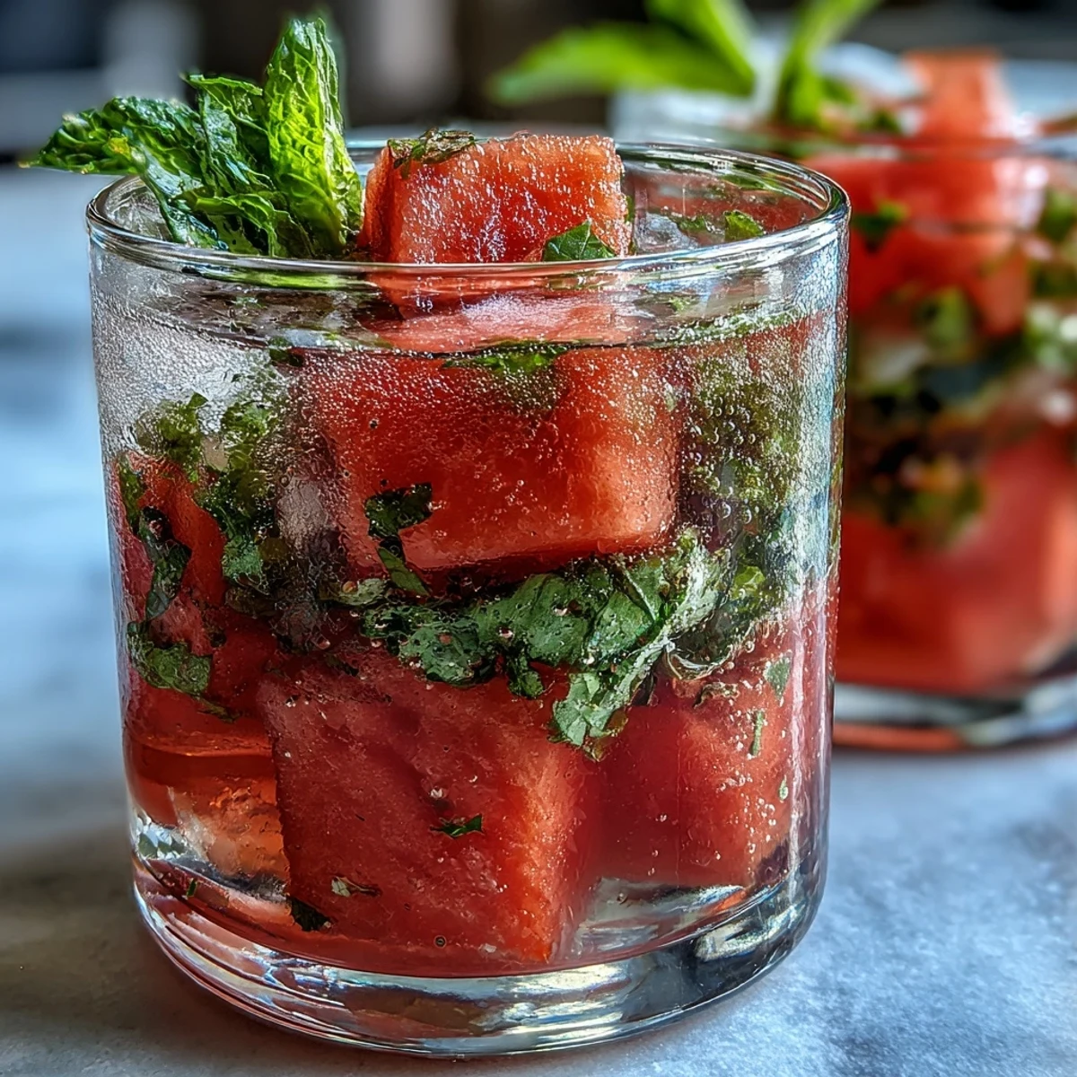 Refreshing watermelon mint infused water with juicy red cubes and fresh green mint leaves in a clear glass pitcher, perfect for summer hydration.