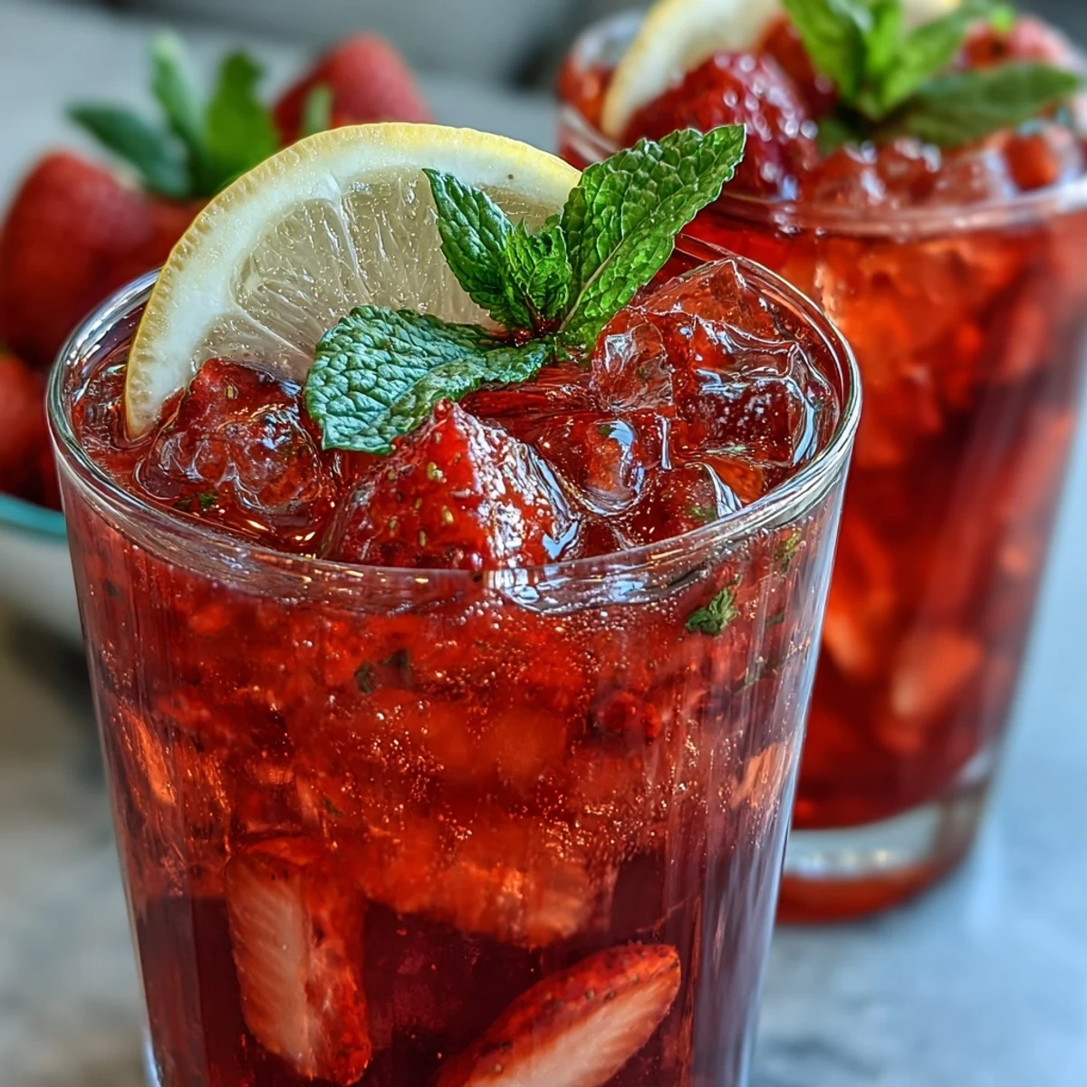 Bright, bubbly strawberry mocktail with citrus slices and fresh mint leaves for a festive drink.