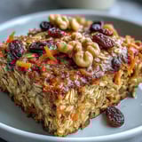Freshly baked Carrot Cake Baked Oatmeal cooling on a rack, topped with creamy Greek yogurt and a drizzle of maple syrup.