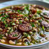 A comforting bowl of Southern-Style Black-Eyed Peas, simmered with smoky sausage, bacon, and aromatic Creole spices until tender.  