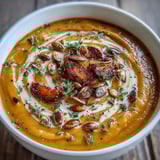 Warm, velvety Easy Roasted Butternut Squash Soup served in a rustic mug with fresh thyme and crusty bread on the side.  