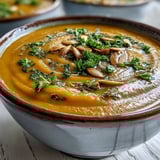 Velvety blended roasted broccoli and butternut squash soup served warm with crusty bread.  