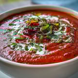 Silky Roasted Tomato Basil Soup served hot with crunchy croutons and fresh basil leaves.