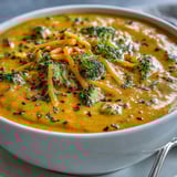 Butternut Squash Broccoli Cheddar Soup simmers in a pot with sharp cheddar melting into the velvety blend.