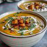 A close-up of creamy butternut squash and lentil soup, with warm spices and a piece of crusty bread nearby.  