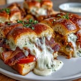 Miniature Kentucky Hot Brown sliders with turkey, bacon, and creamy Mornay sauce on buttery brioche buns, ideal for Derby parties.