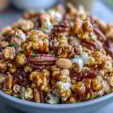 Sweet and salty popcorn mix with peanuts and caramel, perfect for baseball season snacking and game day gatherings.