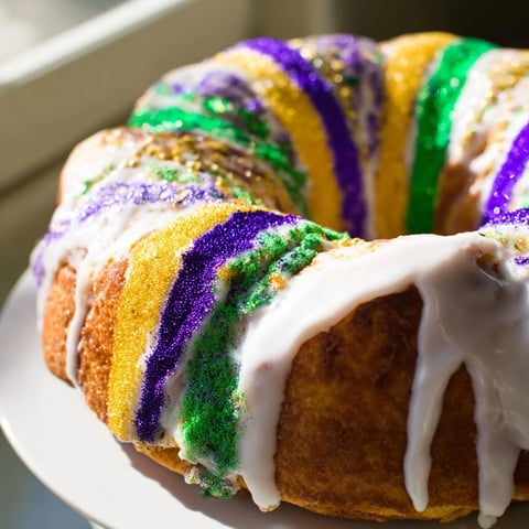 Golden-brown King Cake, a sweet and festive treat, glistening with colorful Mardi Gras sugars.